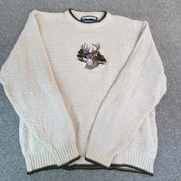 Shenandoah Embroidered Deer Forest Sweater Cream Knit Long Sleeve Size L USA